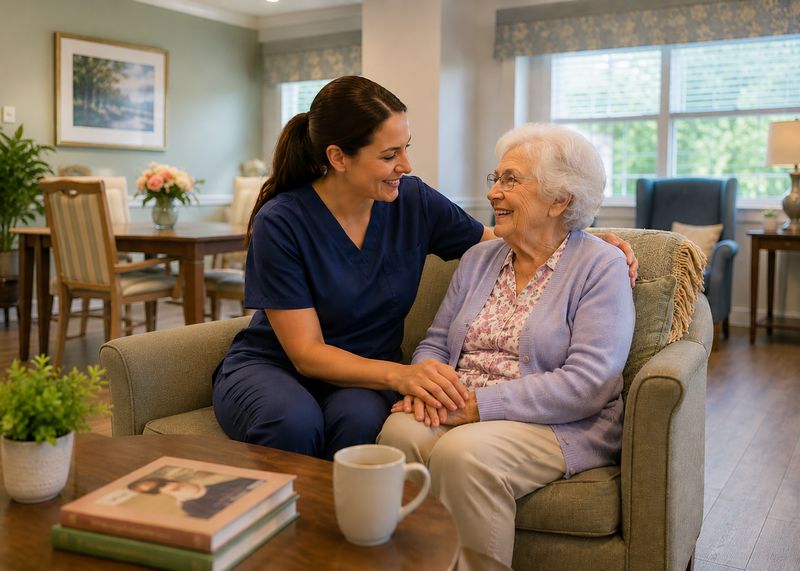 Caring staff with resident at The Waters of Sweetwater